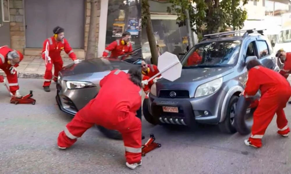 Viral έγινε ομάδα καρναβαλιστών στο Αίγιο: Nτύθηκαν μηχανικοί Ferrari και έκαναν pit-stop σε ΙΧ στον δρόμο